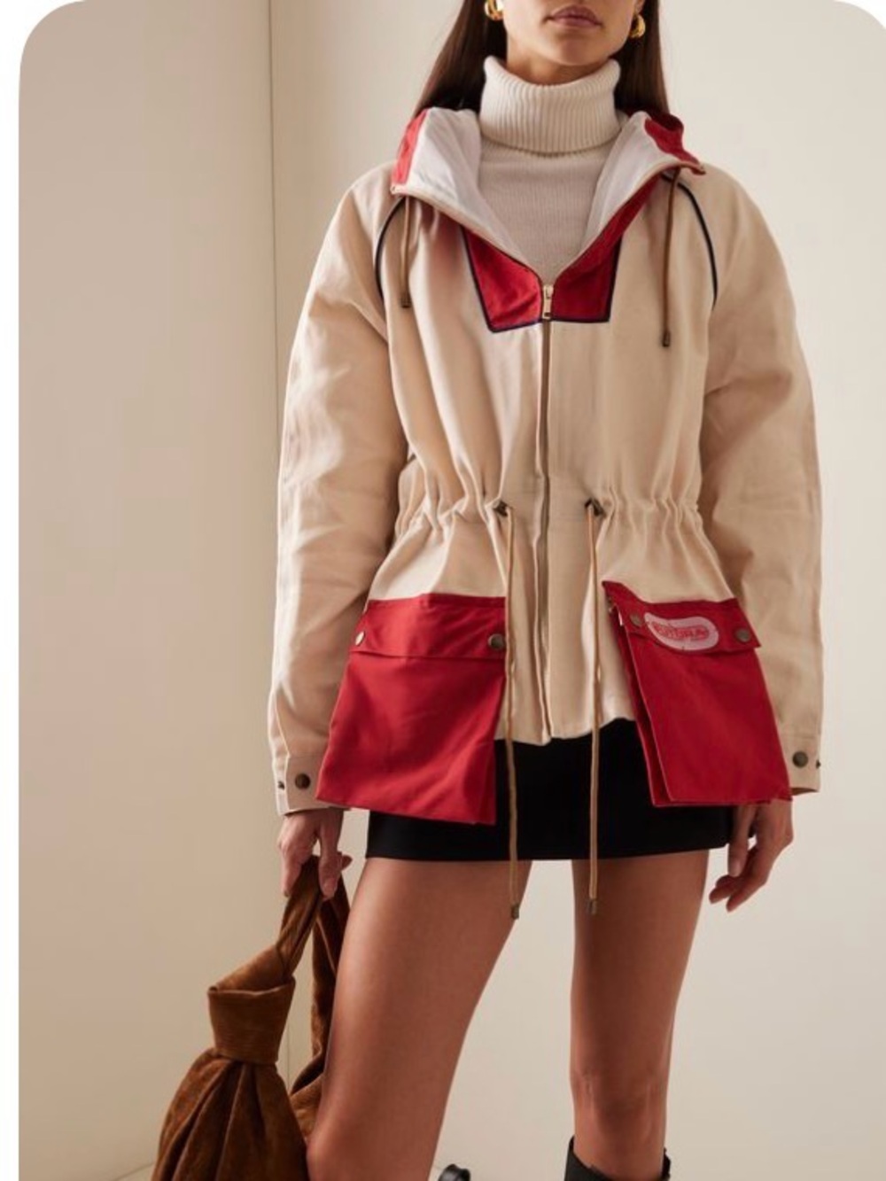 Beige and Red Drawstring Anorak Jacket